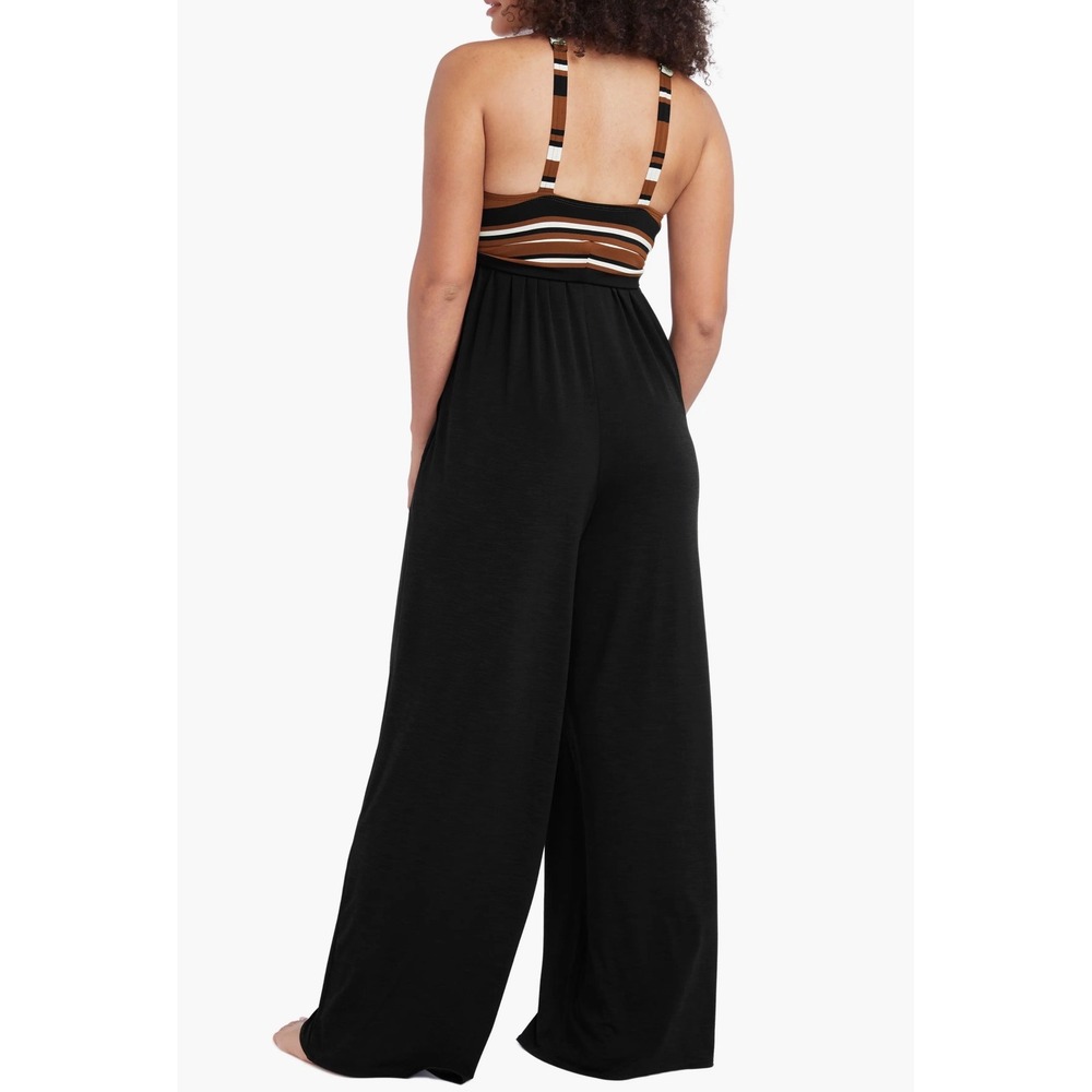 Robin Piccone Simone Sleeveless Wide Leg Jumpsuit Striped Black Brown Women S